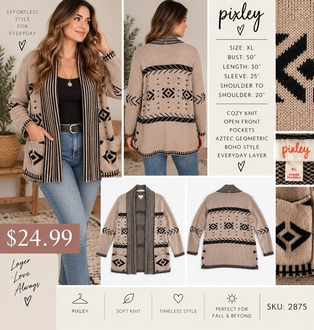 Pixley Cardigan Women XL Beige Black Geometric Open Front Knit Boho Sweater
